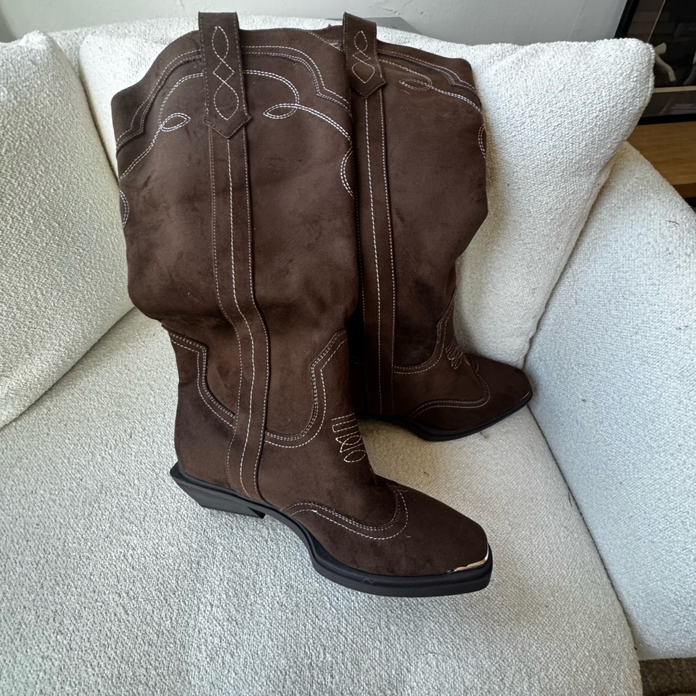 Brown Faux Suede Cowboy Boots - Never Worn - 10 Wide/10W